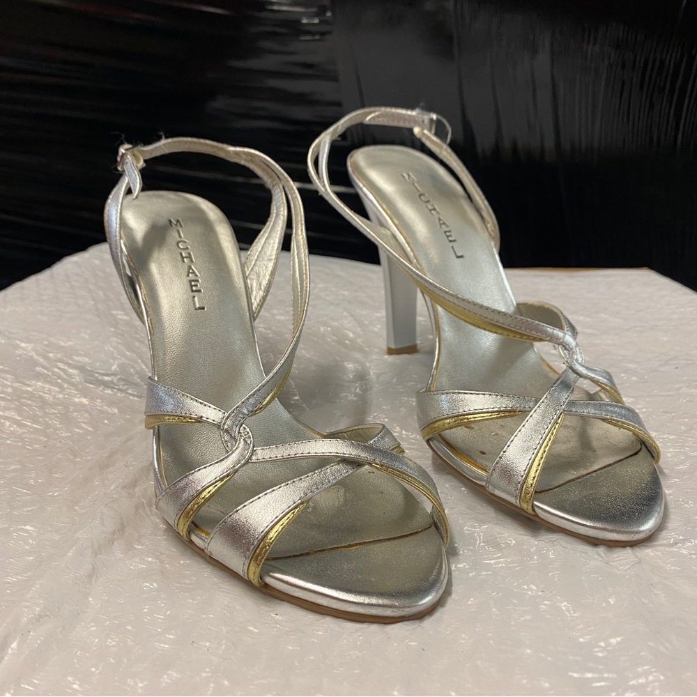 Michael Leather Silver Metallic Strappy High Heel Sandals | Size 8.5